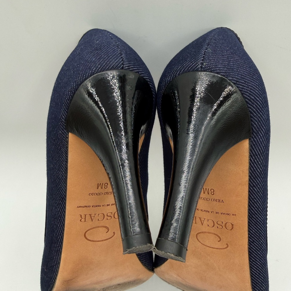 VTG RARE Oscar de la Renta O Calada Peep Toe Heels Blue/Black Size 8 - Picture 13 of 16